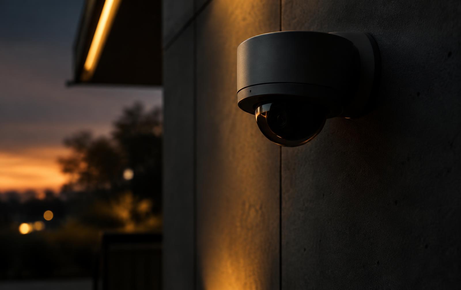 Câmera de segurança dome instalada em parede ao entardecer